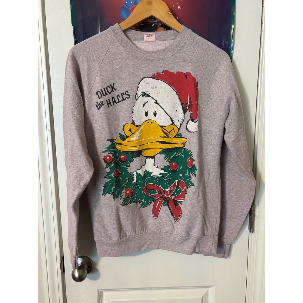 Vintage 1987 Belton Duck the Halls Christmas Sweatshirt Gray Mens L 42-44 USA